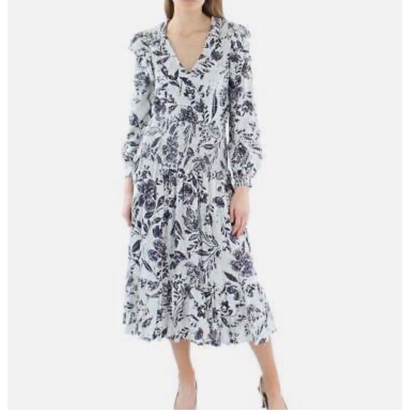 Aqua NWT Smocked Floral Print Midi Dress Blue Multi V- Neck Sz S - Picture 1 of 9